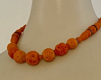 Vintage Art Deco Carved Orange Bakelite Beads and Chrome Disks Necklace
