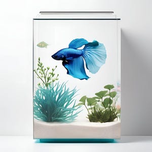 Puede incluir: Un pez betta azul nada en un acuario de vidrio transparente con arena blanca y plantas verdes.