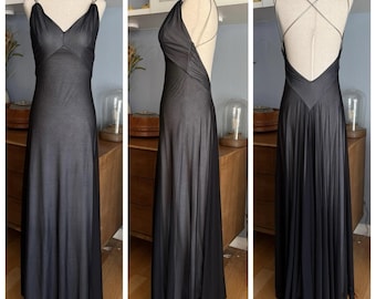 Vintage 90er Jahre Cache Schwarz Mesh Overlay Maxi Kleid | Grunge Sleaze Kleid, offener Rücken Silber Metall Träger Slip, Neunziger Abendkleid, Größe XS