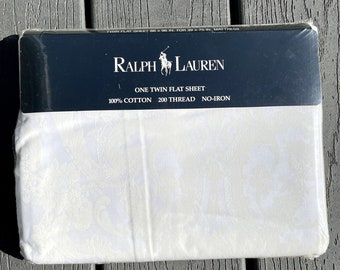 Vintage Ralph Lauren Avery White Damask Print Flat Sheet One Twin NEW