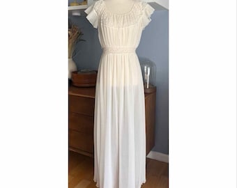 Vtg 50s MCM Barbizon Ivory Pleated Chiffon Lace Nightgown Tie Back Waist Size M/L
