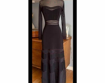 VTG 90er Jahre Y2K Cache-formales Kleid Maxi Kleid schiere Paneele Schwarz Bodycon S