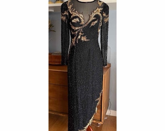 Vintage Lillie Rubin Beaded Sequin Illusion Black Gold Formal Gown Dress Sz M