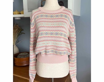 Vintage Esprit Fair Isle Strickpullover aus den 90er Jahren, rosa-mehrfarbig, Größe M, bunt