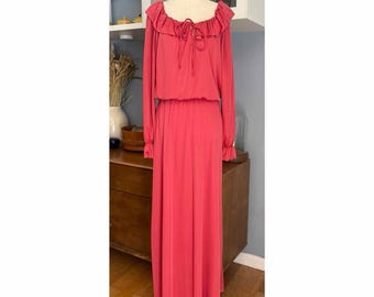 Vintage 70er Jahre Lacetuch Kleid Rüschenbesatz Cinch Waist Maxi Kleid Rosa Retro Gr. M