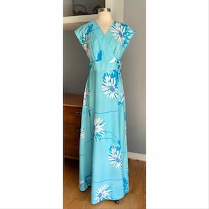 Vintage 60s Sears Hawaiian Mod Hostess Maxi Dress Blue Floral Size S/M
