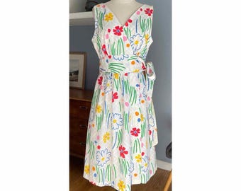 Vintage 60s db Boutique Sz M Dress Sleeveless Floral Wrap Cottagecore Pockets