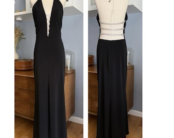 Vtg Cote a cote Schwarz Neckholder Maxi Kleid Strass Straps Offener Rücken M
