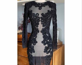 Vtg 80s 90s CASADEI Black Sheer Cocktail Bodycon Dress Size 6 / S Illusion