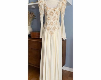Vintage 80er Jahre Elfenbein Pailletten-Hochzeitskleid Viktorianischer Cottagecore Prinzessin XS/S