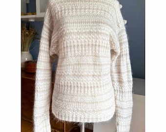 Vintage 80’s Bernard Perris Paris Wool Knit Sweater Size S Cream Grey