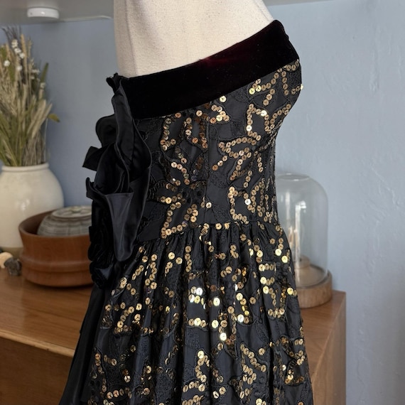 Vintage 80s Jessica Mcclintock Black w/ Gold Sequins Strapless Long Dress Sz S