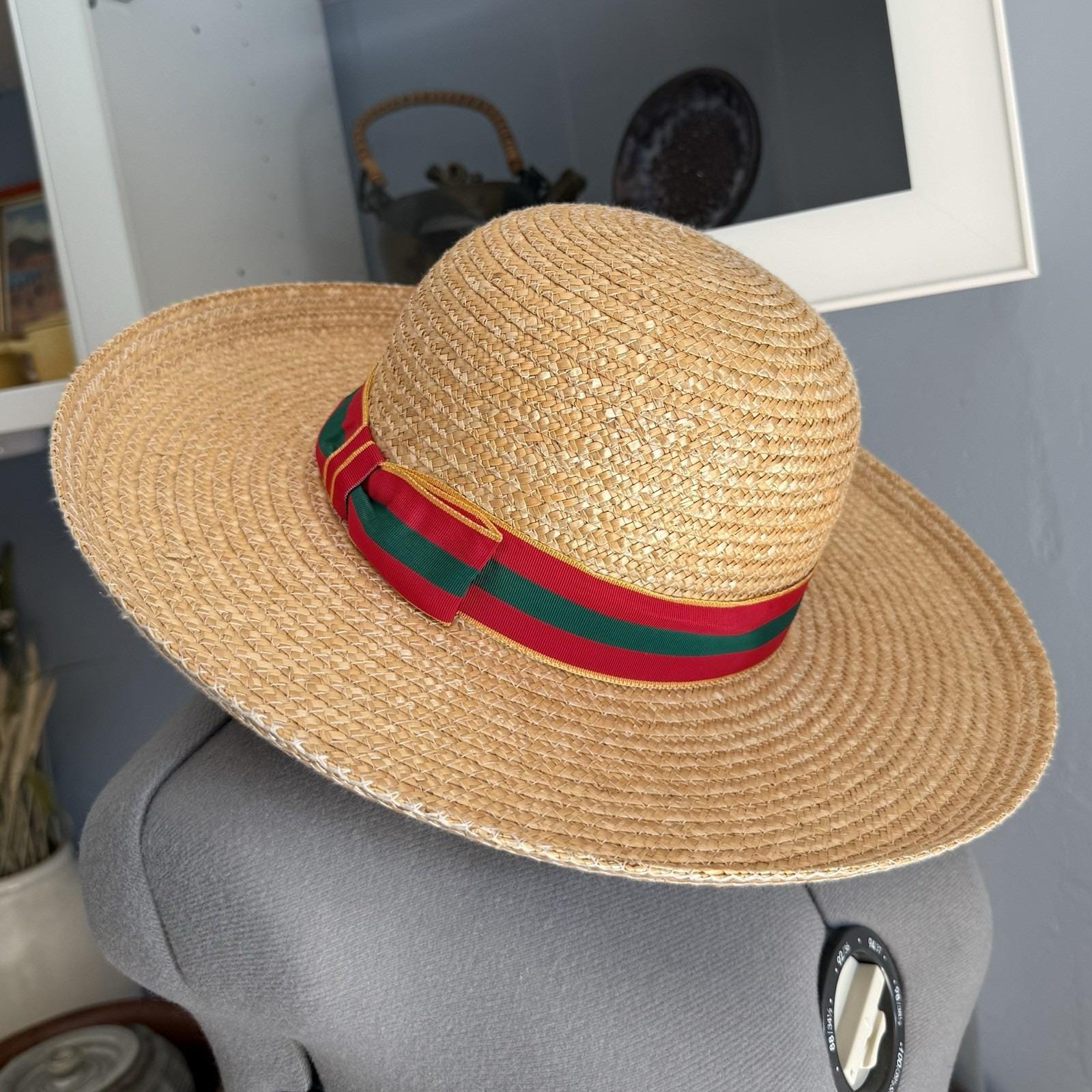 Vintage 80s Banana Republic Wide Brim Straw Raffia size S-M red, green, gold rib Vintage 80s Banana Republic Wide Brim Straw Raffia Sun Hat  main image 4