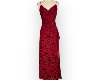 Vintage 90's Rampage Red Floral Velvet Front Wrap Ruched Maxi Dress S/M