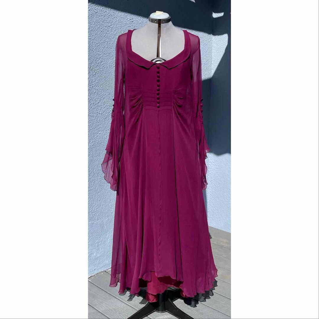 Vintage Karl Lagerfeld Silk Chiffon Gown Maxi Dress French 44 Burgundy ...