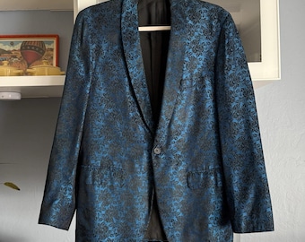 Vintage 60er Blau Schwarz Floral Jacquard Smoking Smoking Blazer Jacke 40 '' Brustumfang