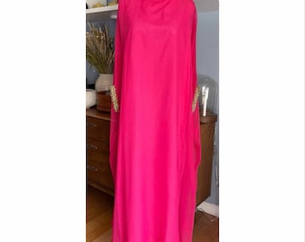 Vintage 70s Hostess Caftan Pink Chiffon Beaded Maxi Dress Gown By Greenecastle