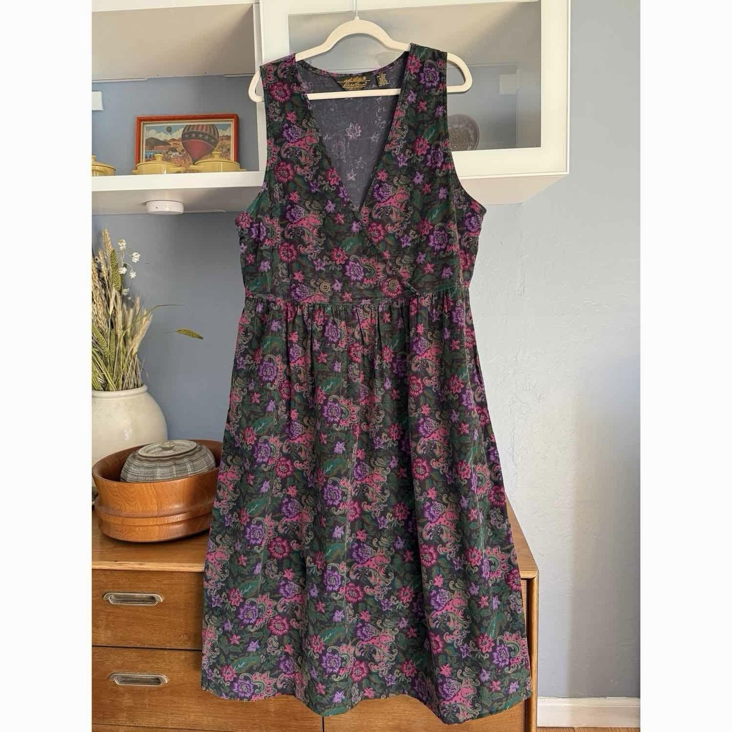 Vtg 90s Eddie Bauer Floral Corduroy Jumper Midi Dress Sz L Sleeveless Cottagecore Prairie