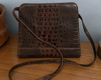 Vintage GRETA GARBO Braun Kroko Geprägte Leder Wandelbare Tasche Geldbörse