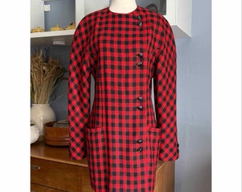 Vestido blazer xadrez vermelho e preto Louis Feraud vintage dos anos 80, em lã, seda e cashmere, tamanho 8.