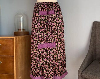 Vintage 90s Betsey Johnson Floral Rayon Lace Trim Midi Skirt Size S