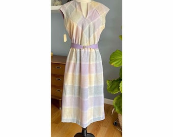 Vtg 70s Leslie Fay Pastel Plaid Wool Midi Dress Teacher Career Day Secretary M/L