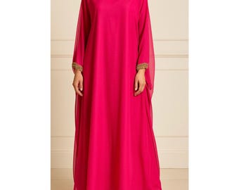 Vintage 70er Jahre Rosa Chiffon Kaftan Maxi Kleid | Greencastle Perlen Hostess Kleid, Boho Glam Engel Ärmel Abendkleider, Größe 14 Large
