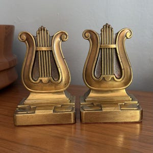 Vintage PMC Brass Plated Metal Music Harp Bookends Set