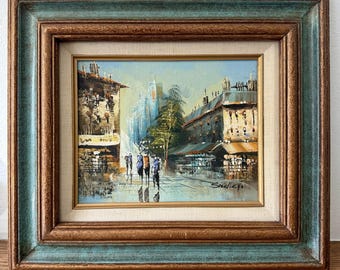 Vintage Oil Painting on Canvas Parisian Cityscape Signed Shelley Wood Frame