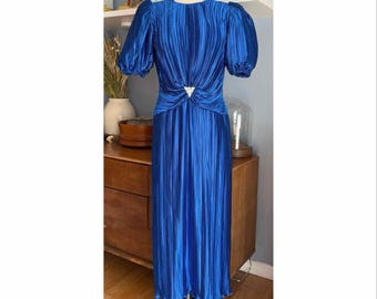 Vintage 80’s Nuit Pleated Cocktail Party Dress Puff Sleeves Blue Rhinestone 6