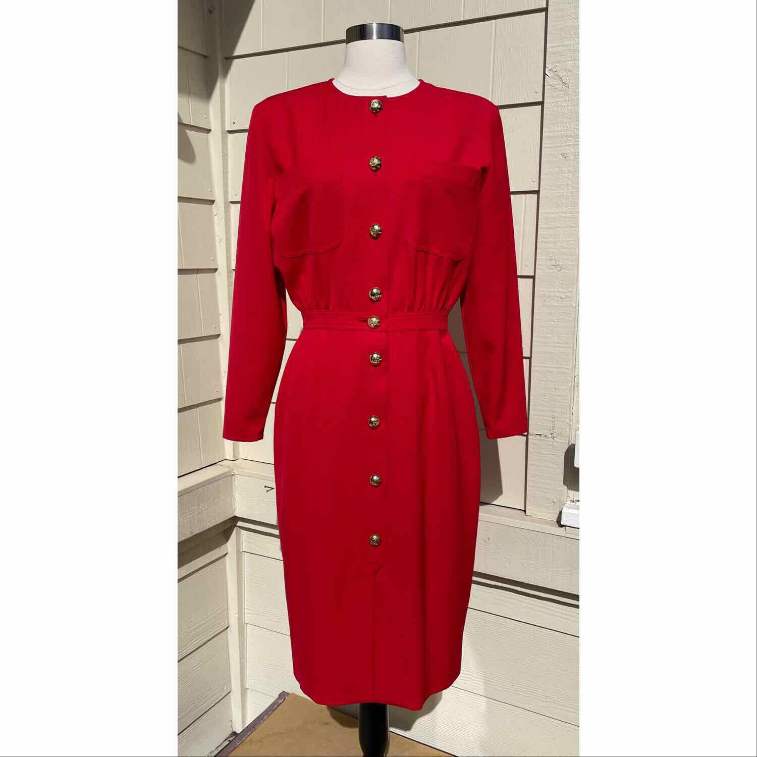 Vintage Valentino Miss V Red Wool Front Logo Buttons Dress