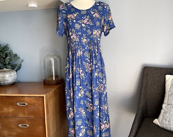 Vtg 90's Erika & Co. Floral Midi Dress Rayon Prairie Cottagecore M