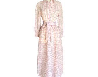 Vintage 60-70s Keyloun Floral Striped Maxi Button Shirt Dress Cottagecore Prairie S/M