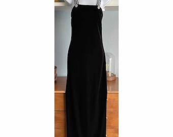 Vtg Y2K JUMP Black Velvet Strappy Prom Maxi Dress w/ Rhinestones Whimsigoth 3/4 XS