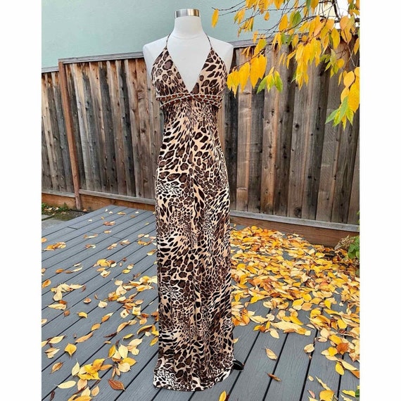 Sky Brand Leopard Print Halter Tie Maxi Dress W/ Leather & Chain Empire  Trim 