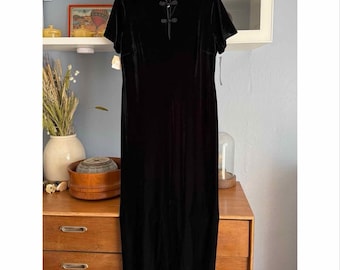 Vtg y2k 90s Robbie Bee Samt Maxi Kleid in schwarz mit Froschverschlüssen Gr. 12