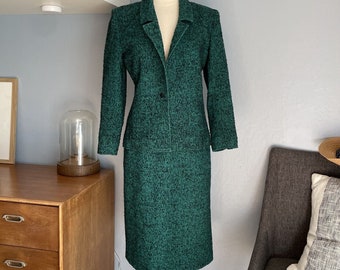 Vintage 60’s Lilli Ann Tweed Jacket & Skirt Suit Green Black Size S/M