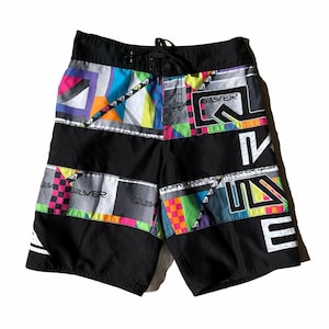 VTG 90s Quicksilver Neon Checkered Surf Swim Board Shorts Waist 27”