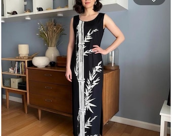 VTG 70s Alfred Shaheen Schwarzes Handbemaltes Weiß Bambus Maxi Kleid Gr