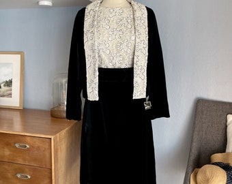 Jack Bryan Vtg 60er Jahre Samt & Strass Perlen Kleid Jacke Anzug Schwarz Weiß M