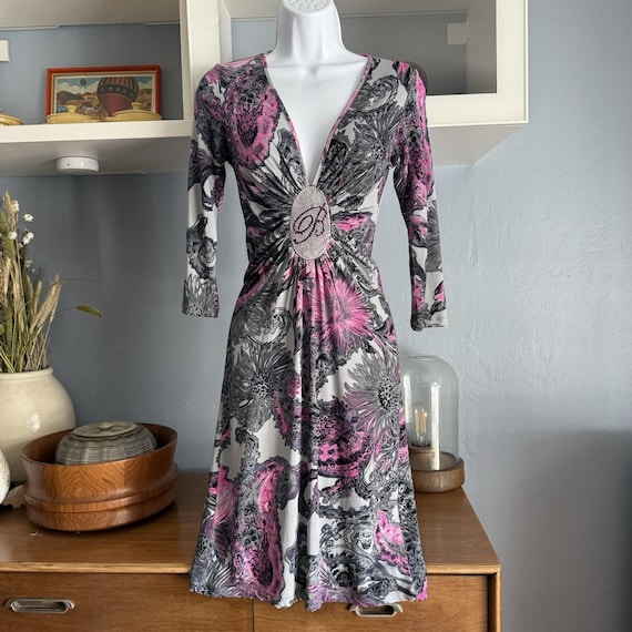 Blumarine Y2K Vtg Silk Paisley Print Studded Rhinestone Jersey Knit Dress 44 Blumarine Y2K Vtg Silk Paisley Print Studded Rhinestone Jersey Knit Dress 44