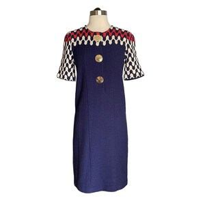 STEVE FABRIKANT Vintage 80’s Knit Sheath Dress Gold Fish Buttons Navy Sz S
