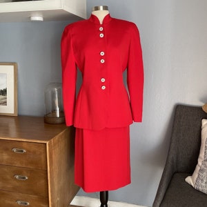 Carolina Herrera Vintage 90’s Silk Jacket & Skirt Suit Rhinestone Buttons Sz 10