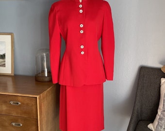 Carolina Herrera Vintage 90er Jahre Seidenjacke & Rock Anzug Strassknöpfe Gr. 10