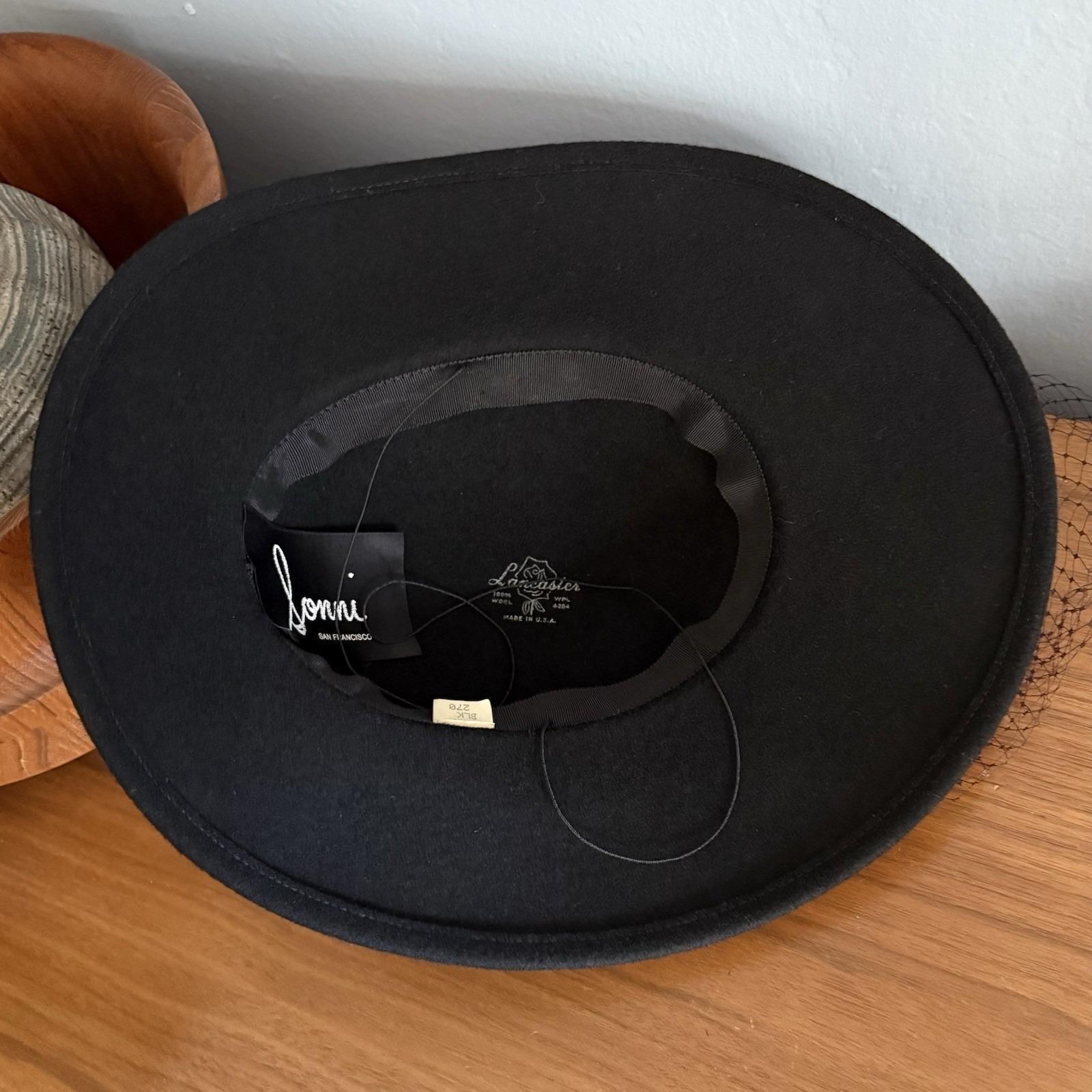 Sonni San Francisco Vintage Wide Brim Cartwheel Fascinator Hat Vintage 1980s Navy Blue Wide Brim Felt Hat, Gold Flowers  main image 2