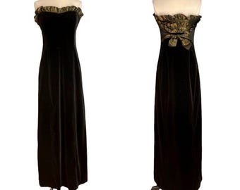 Vintage 80's Laura Ashley Black Velvet Gown Dress w/Olive Green Ruffle Trim S