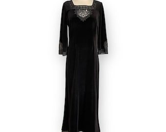 Vintage 70's Butte Knit Black Velvet Caftan Maxi Dress Lace Trim