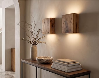 Rustic Wood Wall Sconce Square, Handmade Burnt Wood Light, Farmhouse Wall Lamp, Vintage Wooden Lighting, Wall Mount LED Light Fixture