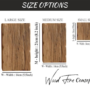 May include: Three wood-grain textured rectangular signs with different sizes: large, medium, and small. The signs are labeled with their dimensions in inches and centimeters. The text "Wood Fire Consept" is written below the signs.