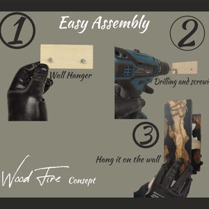 Op de afbeelding: Eenvoudige montage-instructies voor een wandhanger. De afbeelding toont drie stappen: het bevestigen van een wandhanger, boren en schroeven, en het ophangen van het afgewerkte product aan de muur. De tekst "Wood Fire Concept" is ook zichtbaar.